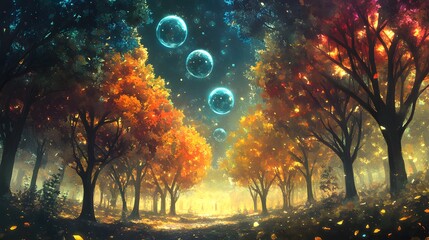 Fototapeta premium A surreal forest with trees that have glowing leaves, under a sky filled with floating orbs