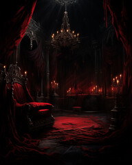 Scenes inside the castle, black and red tones, digital images, painting, scenes for novels.