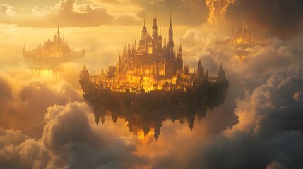 A floating castle surrounded by clouds and illuminated by a soft, golden light