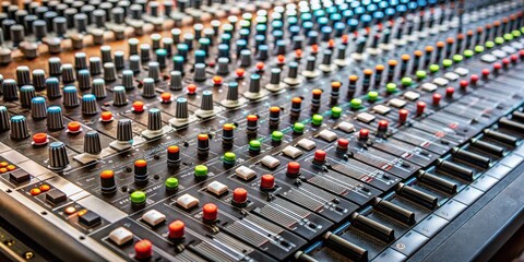 Fototapeta premium Close-up of a professional audio mixer with multiple knobs and sliders, mixer, knobs, sliders, controls, sound