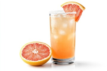 A Glass of Grapefruit Juice with a Slice of Grapefruit and Ice Cubes