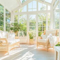 Sunlit Conservatory with Wicker Furniture and White Flowers