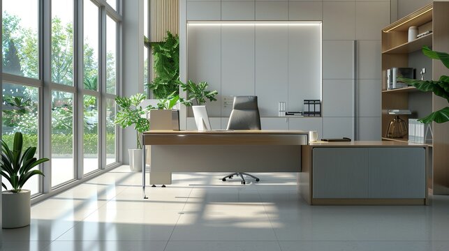 3D Rendering of a Modern Office Interior Featuring a Desk, Cabinets, and Window View