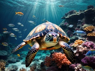 Fototapeta premium turtle with group of colorful fish underwater in ocean