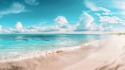 Fototapeta premium A beautiful beach with a clear blue ocean and a few clouds in the sky,
