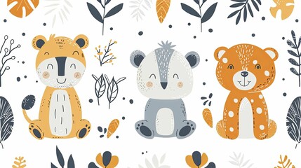 Three Cartoon Animals with Smiling Faces Surrounded by Floral Motifs