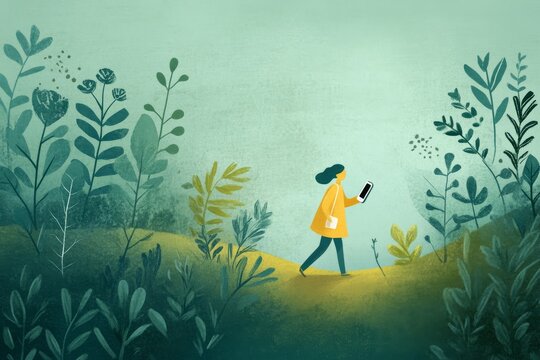 D&eacute;tox smartphone dans la nature, concept. Personne qui sort se balader dans la nature et essaie de se passer de son t&eacute;l&eacute;phone. 