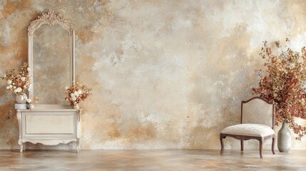 Vintage Ornate Mirror  Chair  Flowers  Beige Wall  Interior Design  Room Decor