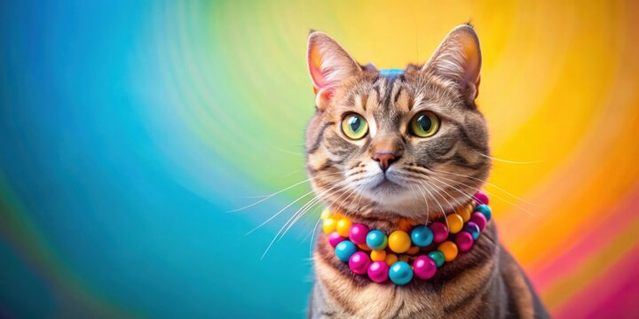 Adorable cat with stylish accessories posing against a colorful background, cute, stylish, cat, background, fashion, accessories
