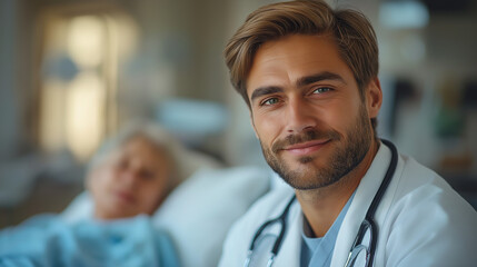 Fototapeta premium caring doctor comforting a patient in a hospital bed, representing empathy in healthcare.