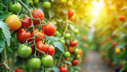 Obraz premium Tomatoes green and red growing on the vine in a garden , agriculture, farm, organic, fresh, ripe, harvest, healthy, vegetables