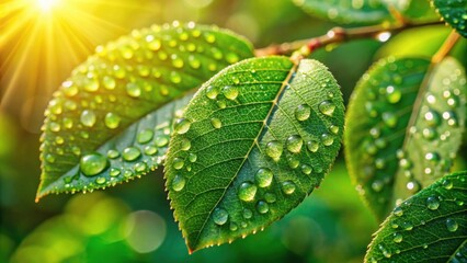 Dew on vibrant green broadleaf tree leaves illuminated by the sun, Dew, green, broadleaf, tree, leaves, illuminated
