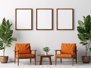 Living room interior and photo frames on the wall