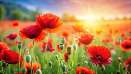 Fototapeta premium Vibrant red poppy flowers blooming in a meadow , Nature, Field, Beauty, Petals, Blossom, Flora, Vibrant, Wildlife, Botanical, Plant