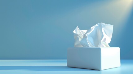 A single white tissue box with a tissue pulled out on a light blue background.