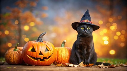 Halloween featuring a black cat with a pumpkin and witch hat, Halloween,black cat, pumpkin, witch hat, holiday, spooky