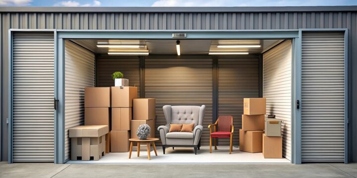 A close-up of a storage unit filled with boxes and furniture, storage, unit, boxes, furniture, organization, clutter, space