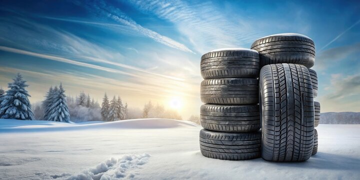 Stack of winter tires in a snowy landscape, winter, tires, cold, season, white, snow, ice, frost, transportation, equipment, vehicle