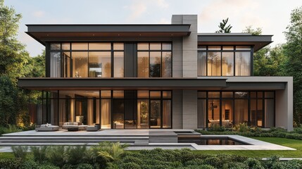 Fototapeta premium Modern house with large windows and landscaped outdoor area.