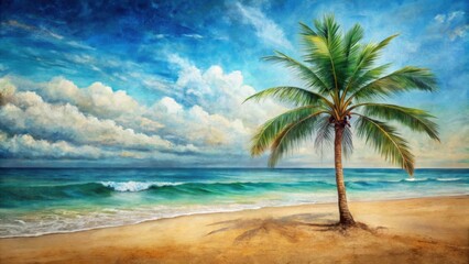 Obraz premium Encaustic painting of a palm tree on a sandy beach , encaustic, painting, palm tree, beach, summer, tropical, landscape, art