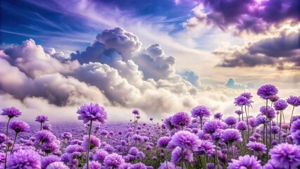 Fototapeta premium Beautiful purple flowers under a blanket of rolling clouds, purple, flowers, petals, bloom, flora, nature, sky, clouds