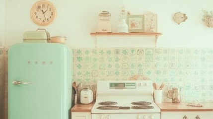 Vintage Kitchen Interior with Green Refrigerator  Stove  and Tile Backsplash