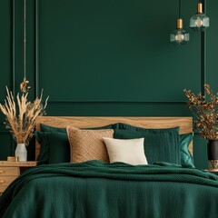 Green and Gold Bedroom Interior Design with Modern Bed  Pillows  and Lamps