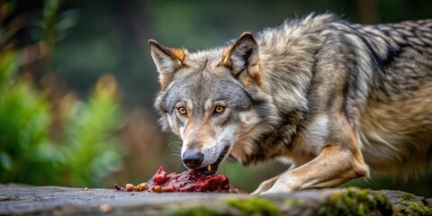Obraz premium Female wolf regurgitating food in a natural setting, wolf, nature, regurgitation, feeding, wildlife