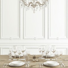 Elegant Dinner Table Setting with Crystal Chandelier and White Wall Molding