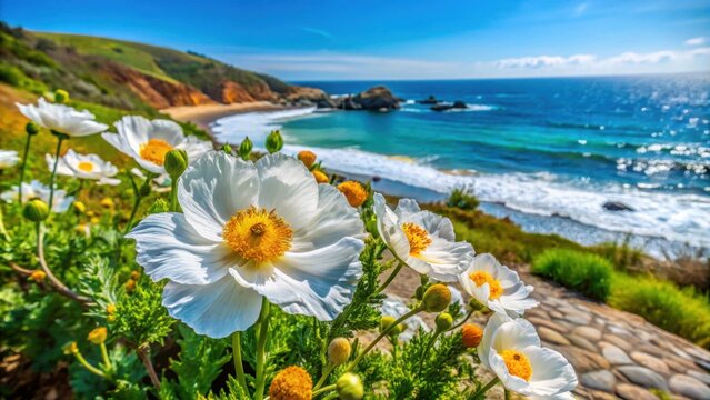 Beautiful Matilija poppy flowers blooming in a coastal area near Santa Barbara, Southern California