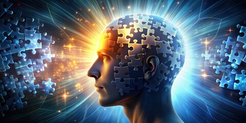 Abstract human head surrounded by glowing jigsaw puzzle pieces in mystical setting, mystery, puzzle, abstract, head, concept