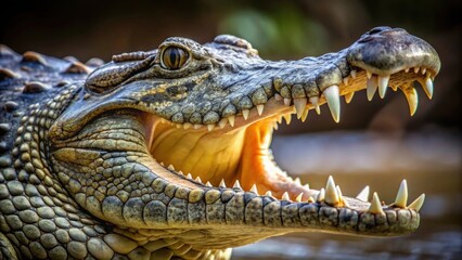 Close-up of a crocodile's powerful jaws showcasing its primal strength and sharp teeth, crocodile, predator, reptile, wildlife