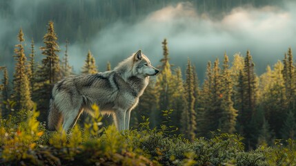 A Lone Wolf Stands Among the Foggy Pines