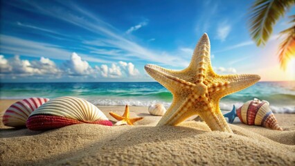 Seashell and starfish surrounded by beach accessories on sandy beach, seashell, starfish, beach accessories