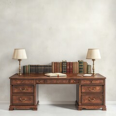 Vintage Wooden Desk with Lamps  Books and Blank Paper on White Wall Background