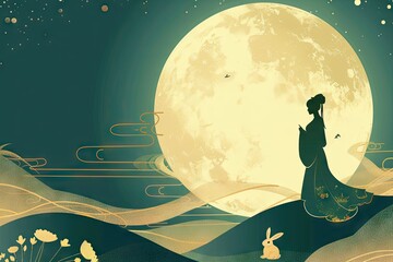 Ancient chinese style painting lady and rabbit full moon