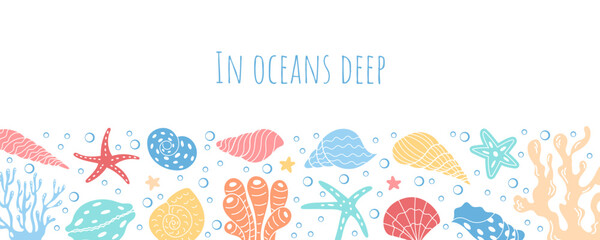 Underwater vector graphic featuring marine life elements and In Oceans Deep text. Vibrant corals and seashells create a lively marine themed design for banners and posters. © moonnoon