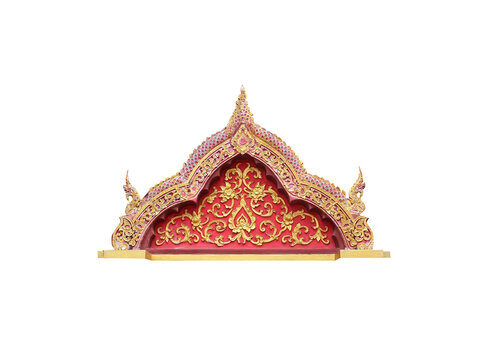 recommend clip art: Gable arches  carving stucco with gold red texture and naga king statue patterns Traditional Thai art style in temple  isolated on white background , clipping path