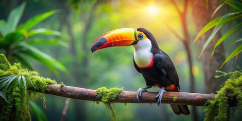 Obraz premium Toucan perched gracefully on a tree branch in a lush forest setting, tropical, colorful, wildlife, nature, bird, vibrant, feathers