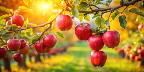 Ripe red apples hanging from a tree branch in a picturesque autumn orchard, fall, harvest, farm, delicious, fresh, organic