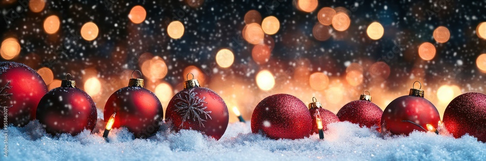 Poster a horizontal background with an array of red christmas ornaments on snow