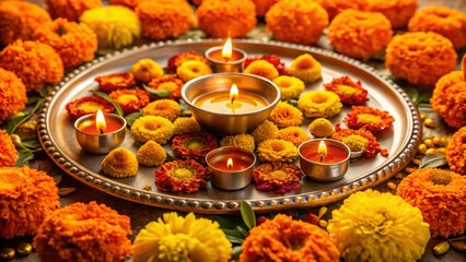 Close-up of a Navratri puja thali surrounded by marigold flowers and diyas, Navratri, puja, thali, close-up, marigold