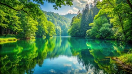 Serene lake nestled in a lush green forest setting, lake, forest, nature, water, reflection, tranquil, peaceful, scenery