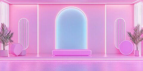 Pink Neon Lights Minimalist  D Room with Geometric Shapes and Podium for Product Display