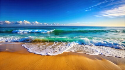 Ocean water waves crashing over a sandy beach with distant blue sea views , ocean, water, waves, beach, sand, blue, sea