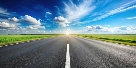Fototapeta premium Panoramic view of an asphalt road leading into the distance under a blue sky, panoramic, view, asphalt road, stretching