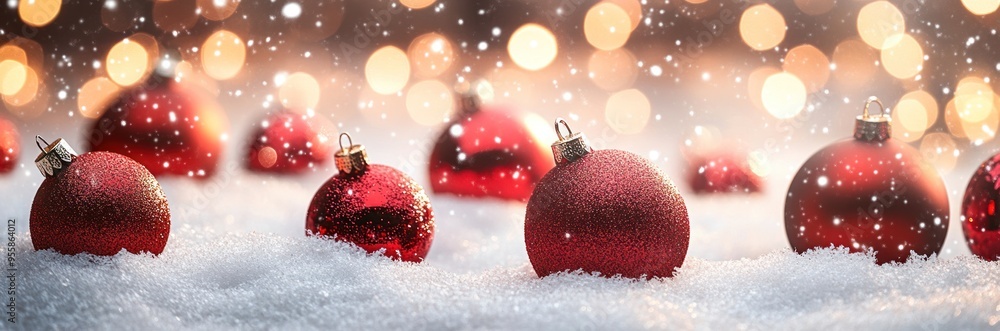 Poster a horizontal background with an array of red christmas ornaments on snow