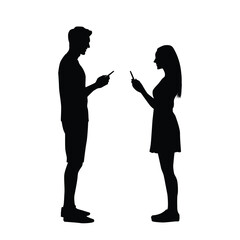 Silhouette of a romantic couple, exchanging cell phone numbers