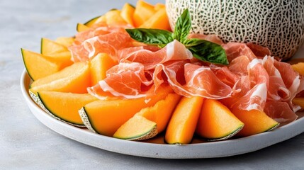 Juicy cantaloupe slices, vibrant orange, served on a platter with prosciutto, fresh and sweet