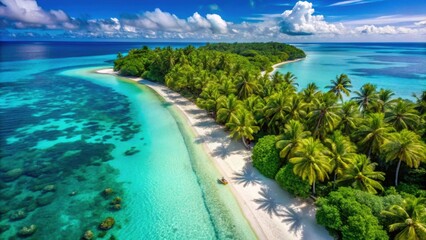 Aerial view of a tropical paradise with crystal clear water, lush greenery